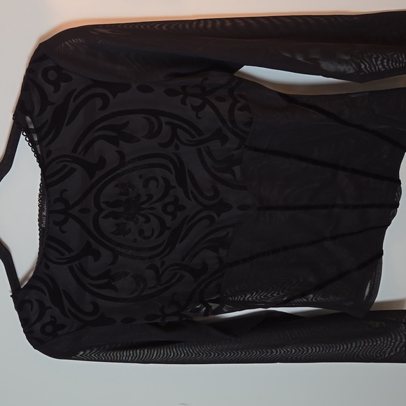 Devil Fashion Gothic Damask black sheer & velvet long sleeve top - Picture 4 of 12